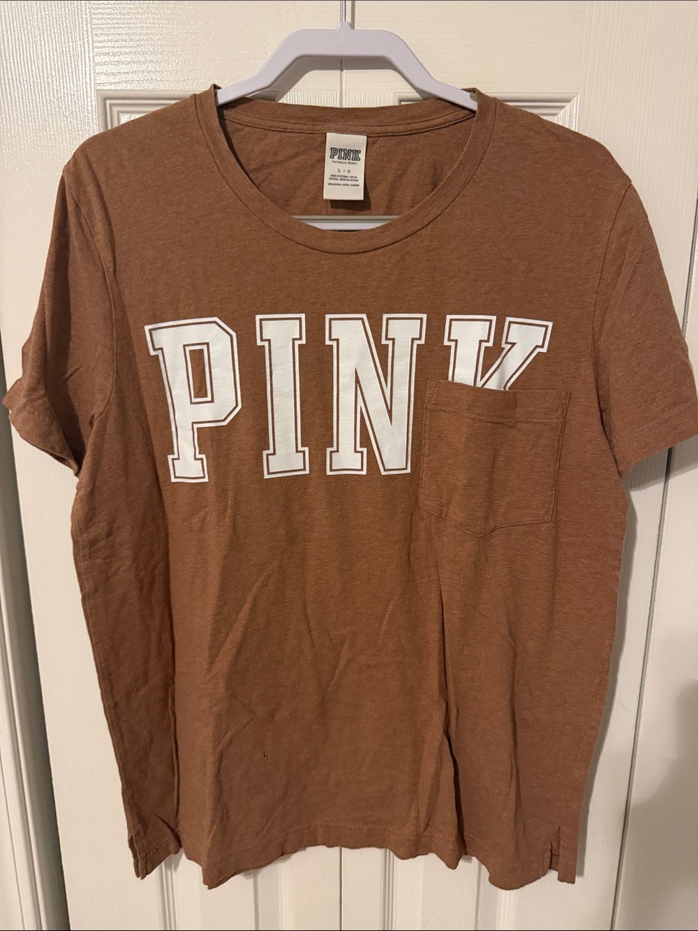 PINK Victoria's Secret Brown Short Sleeve Pocket Tee with White Logo